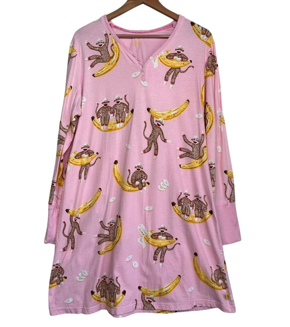Nick & Nora Pink Sock Monkey Banana Night Gown Dress PJs Pajamas Size XXL